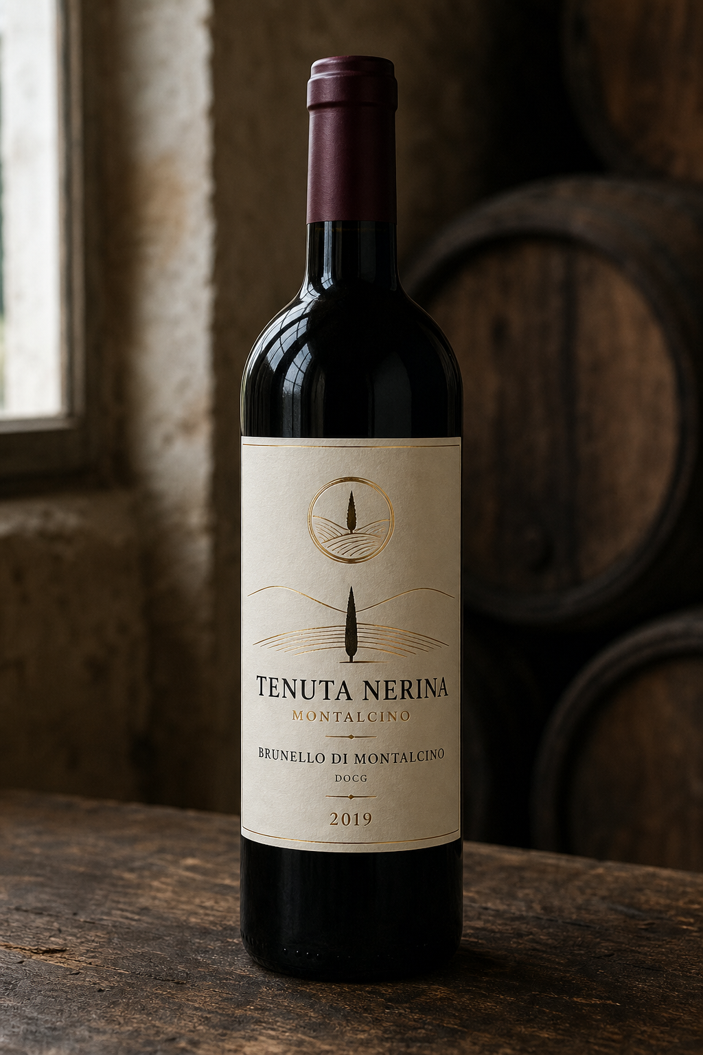 Bottiglia di Brunello su tavolo di legno rustico davanti a una finestra