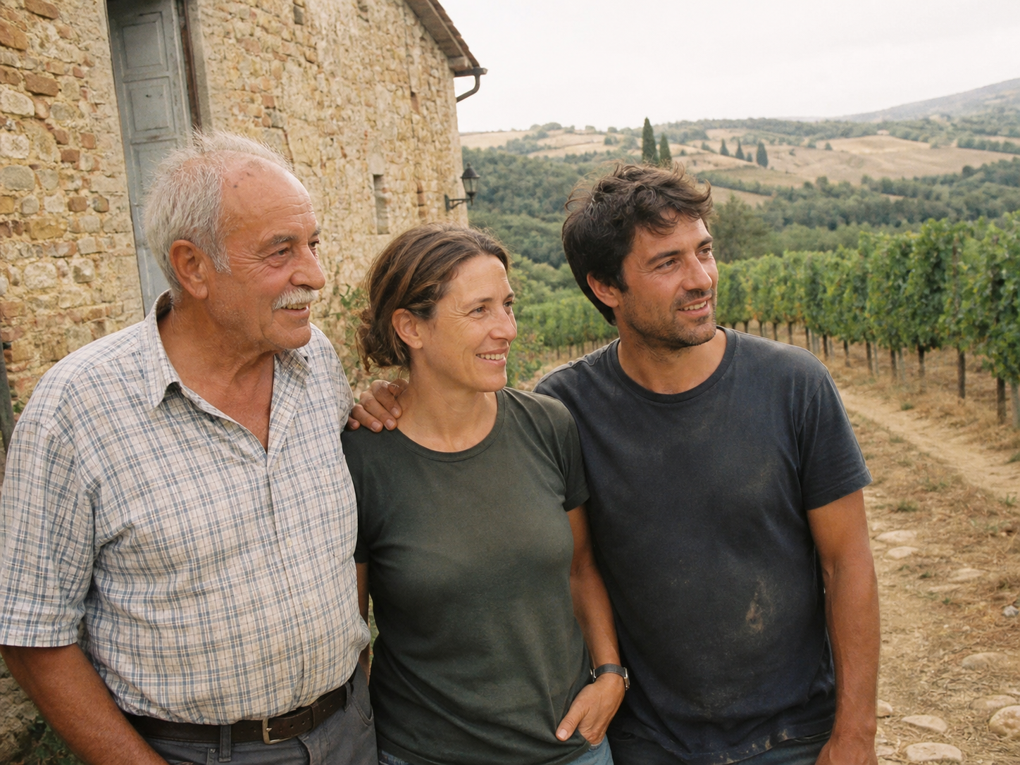 Ritratto della famiglia davanti a un muro di pietra con vigneto sullo sfondo