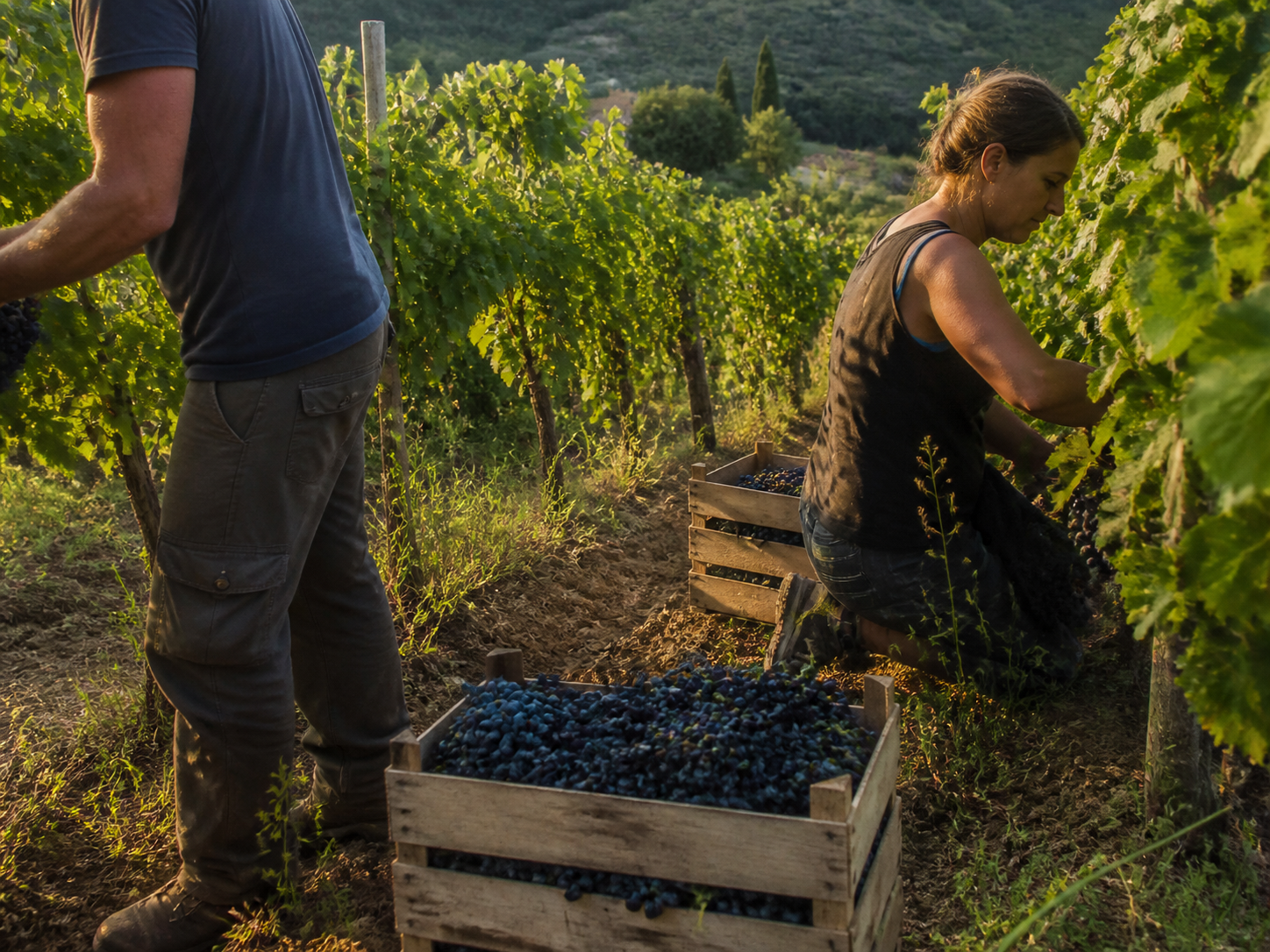 Vendemmia manuale di uva nera al tramonto con cassette in primo piano
