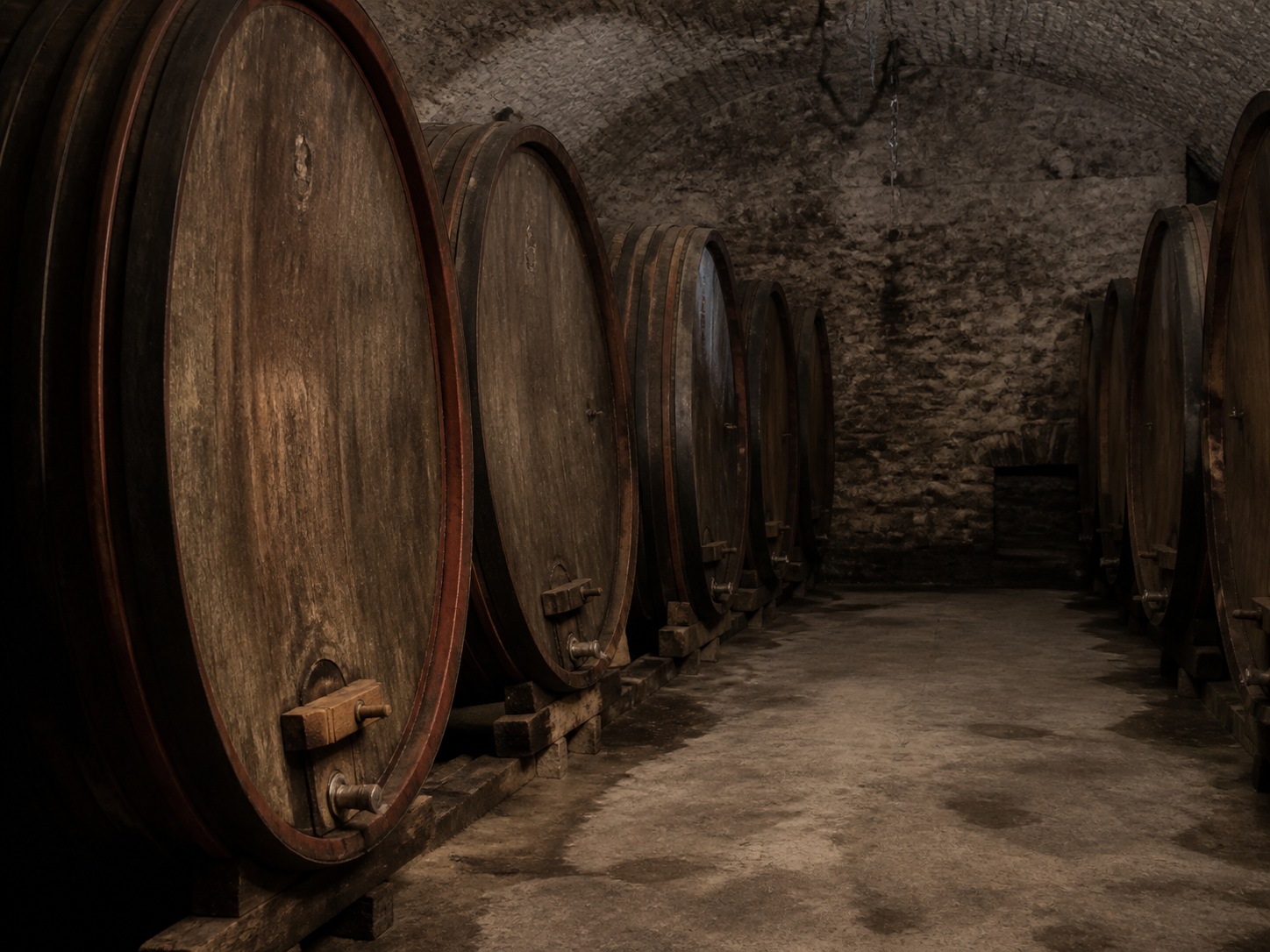 Fila di grandi botti di rovere nella cantina in pietra a volta